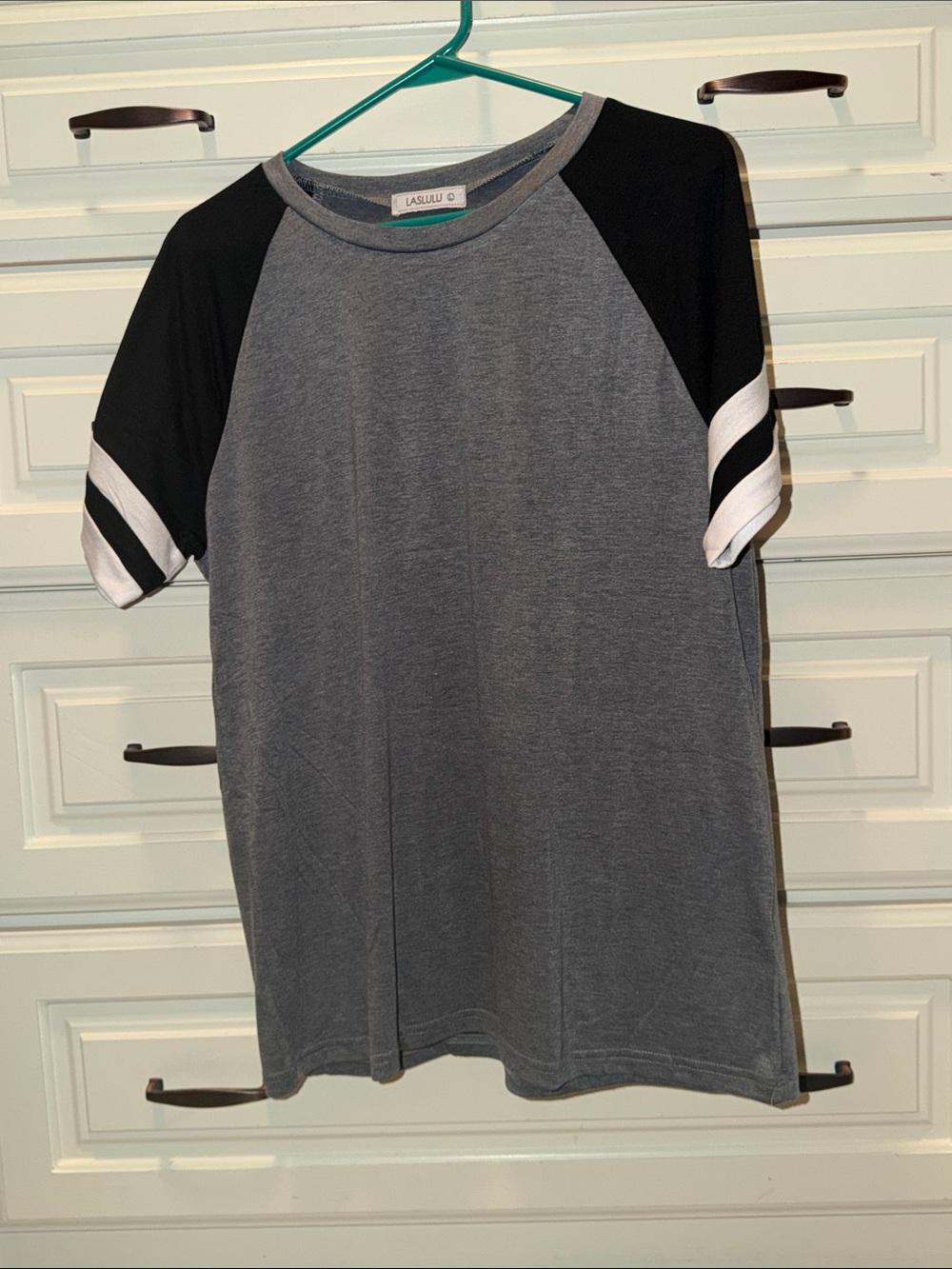 Laslulu Grey Raglan Tee with Black Sleeves and White Stripes